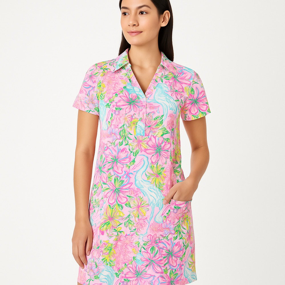 NWT Lilly Pulitzer Dress Womens Large Floral Collared Short Sleeves Spring